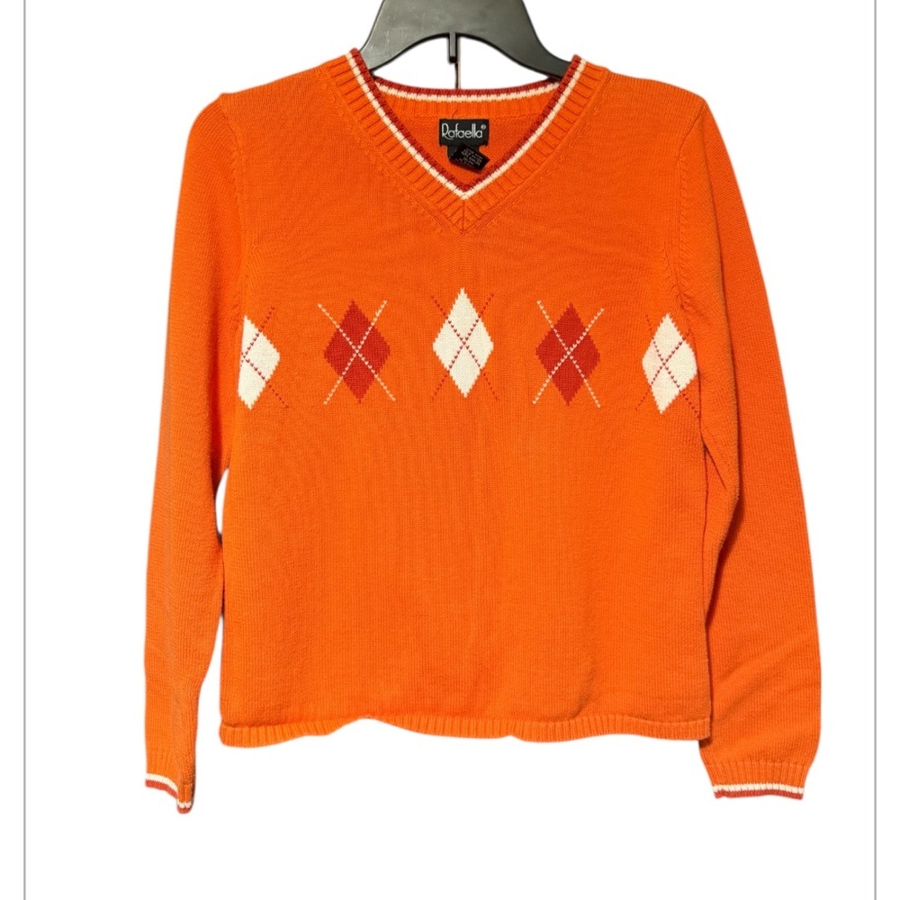 Rafaella Womens 100% Cotton Orange V-Neck Sweater with Argyle Pattern Size Med